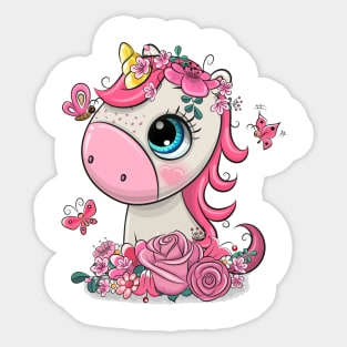 Cute baby unicorn with flowers Sticker